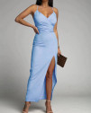 Rochie elegantă de damă cu fantă X6453 albastru deschis