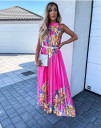 Rochie lungă de damă cu motive florale FG1425 roz