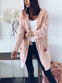 Cardigan de damă tricotat cu glugă 7182 roz