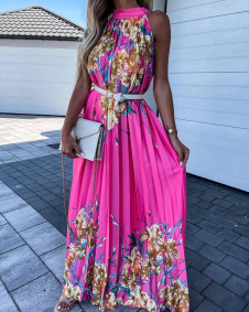 Rochie lungă de damă cu motive florale FG1425 roz
