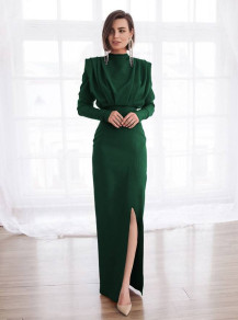 Rochie lungă de damă cu despicătură K09500 verde