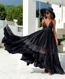Rochie lungă de damă cu dantelă NI1597 neagră
