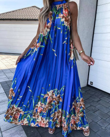 Rochie lungă de damă cu motive florale FG1425 albastră
