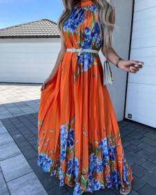 Rochie lungă de damă cu motive florale FG1425 portocaliu