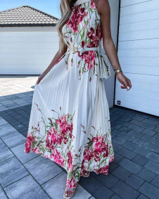 Rochie lungă de damă cu motive florale FG1425 albă