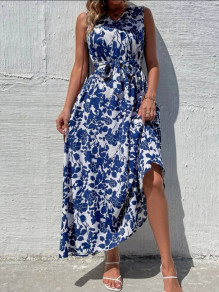 Rochie lungă de damă cu imprimeu PB6090 albastră
