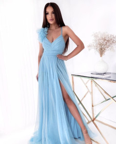Rochie elegantă de damă cu tul K6787 albastru deschis