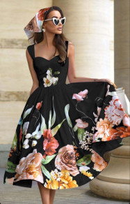 Rochie elegantă de damă sub genunchi cu motive florale 16702 negru