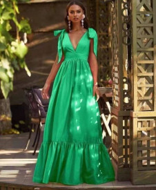 Rochie lungă de damă cu panglici L9025 verde