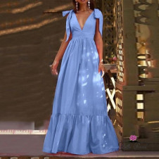 Rochie lungă de damă cu panglici L9025 albastră deschis