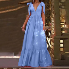 Rochie lungă de damă cu panglici L9025 albastră deschis