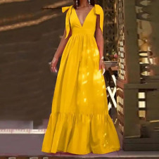 Rochie lungă de damă cu panglici L9025 galben