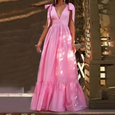 Rochie lungă de damă cu panglici L9025 roz
