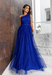 Rochie lungă de damă cu tul K20020 albastră